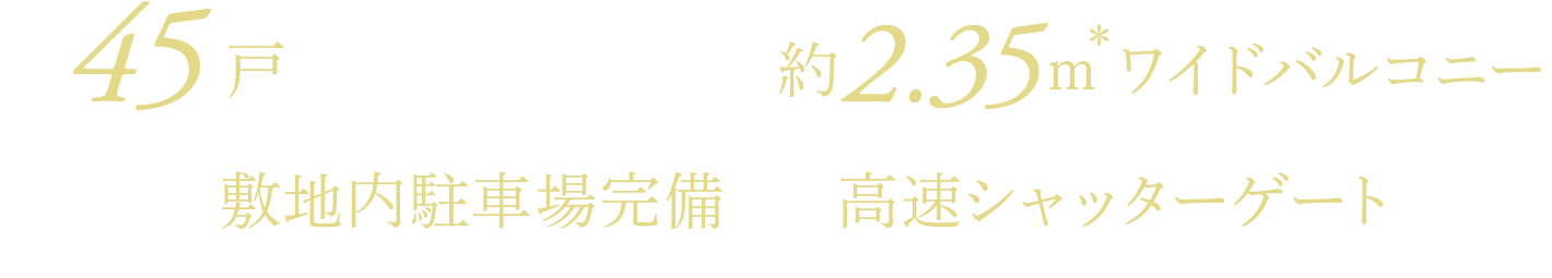 全45戸 全戸奥行最大約2.35ｍ*ワイドバルコニー 全戸分敷地内駐車場完備 高速シャッターゲート採用
