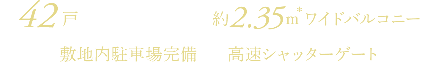 全42戸 全戸奥行最大約2.35ｍ*ワイドバルコニー 全戸分敷地内駐車場完備 高速シャッターゲート採用