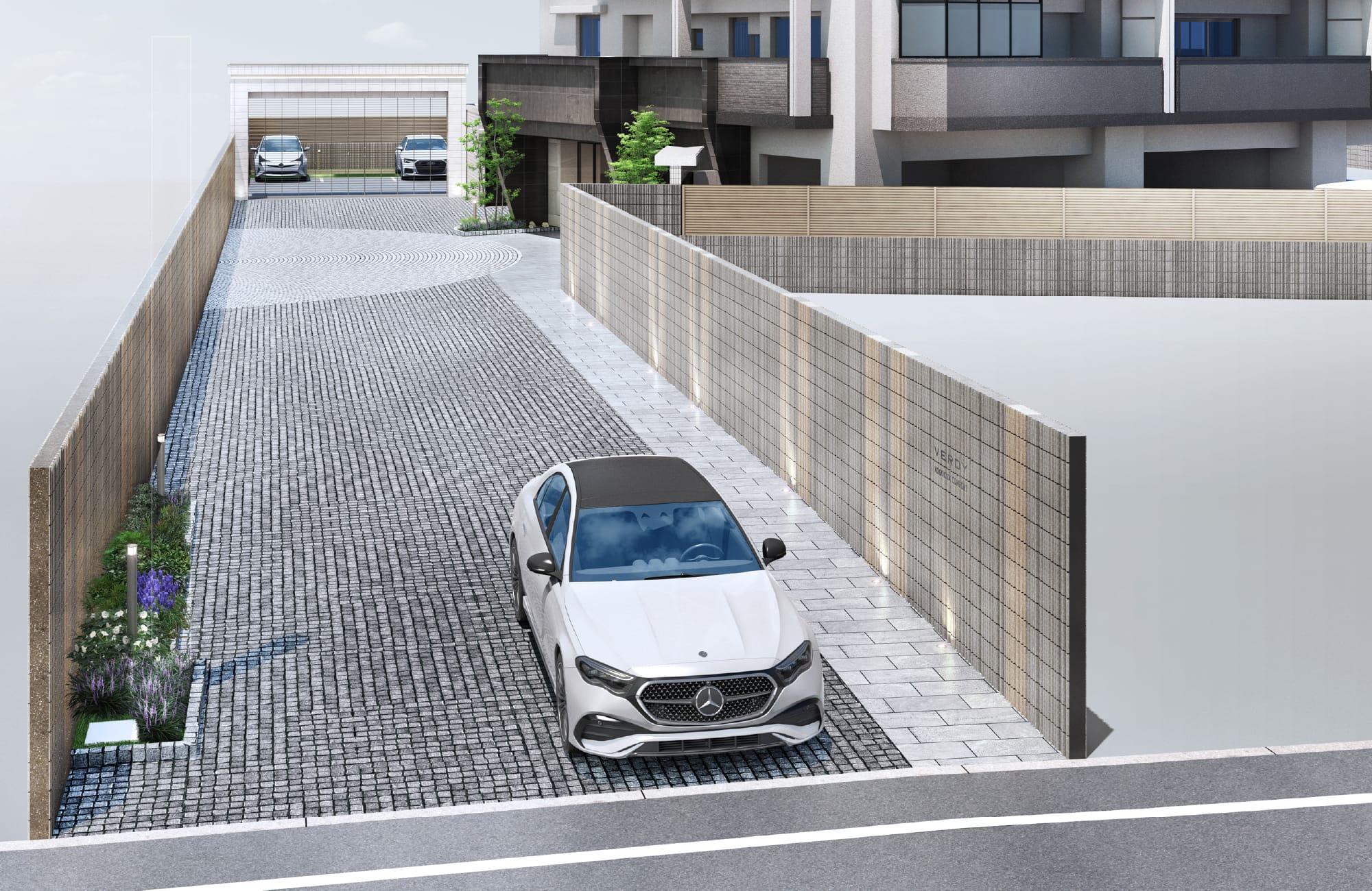 シティホテルを思わせる、タイル敷きのスタイリッシュなアプローチ。