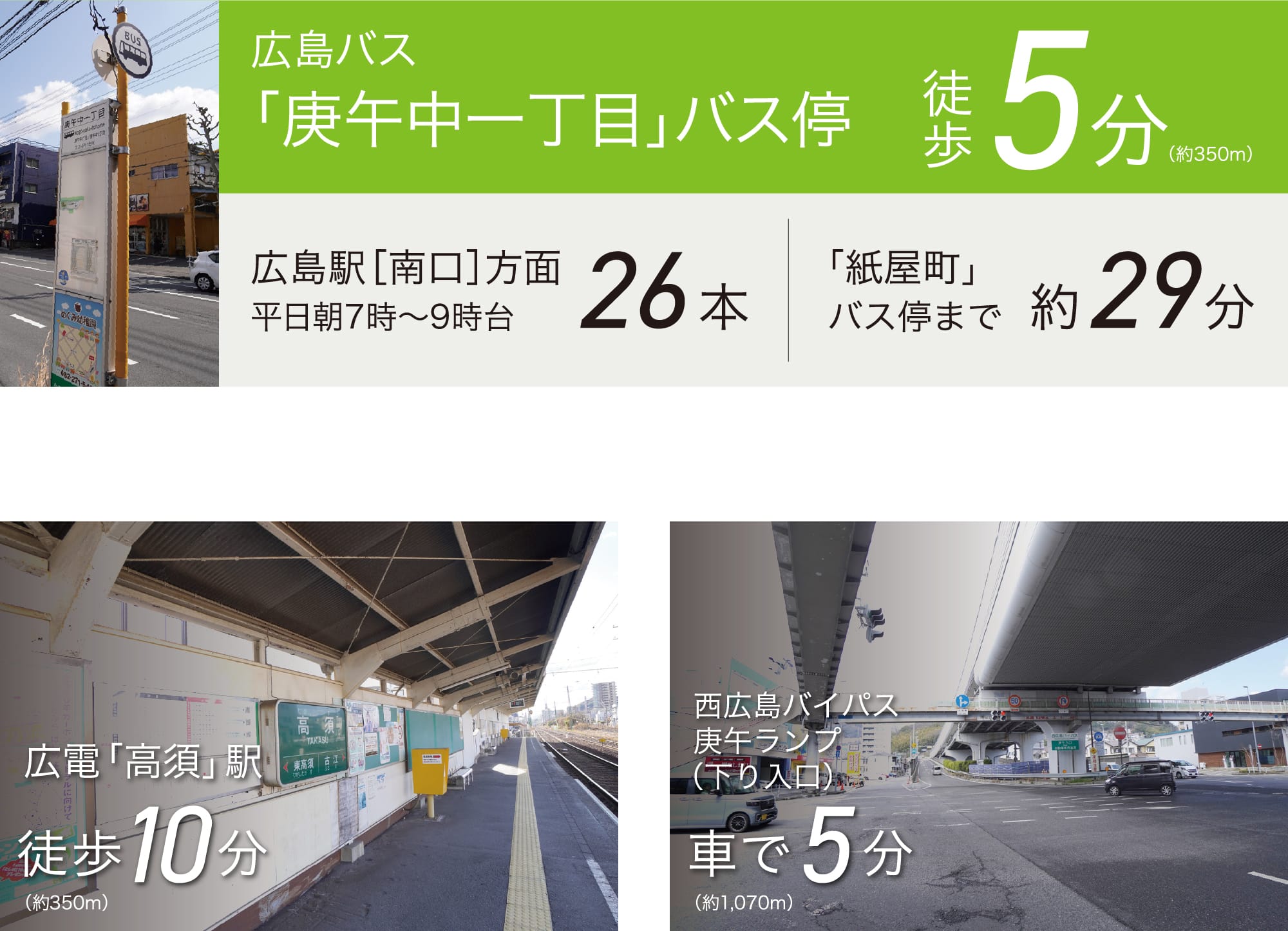 広島バス 「庚午中一丁目」バス停 徒歩5分 広電「高須」駅 徒歩10分 西広島バイパス庚午ランプ（下り入口） 車で5分