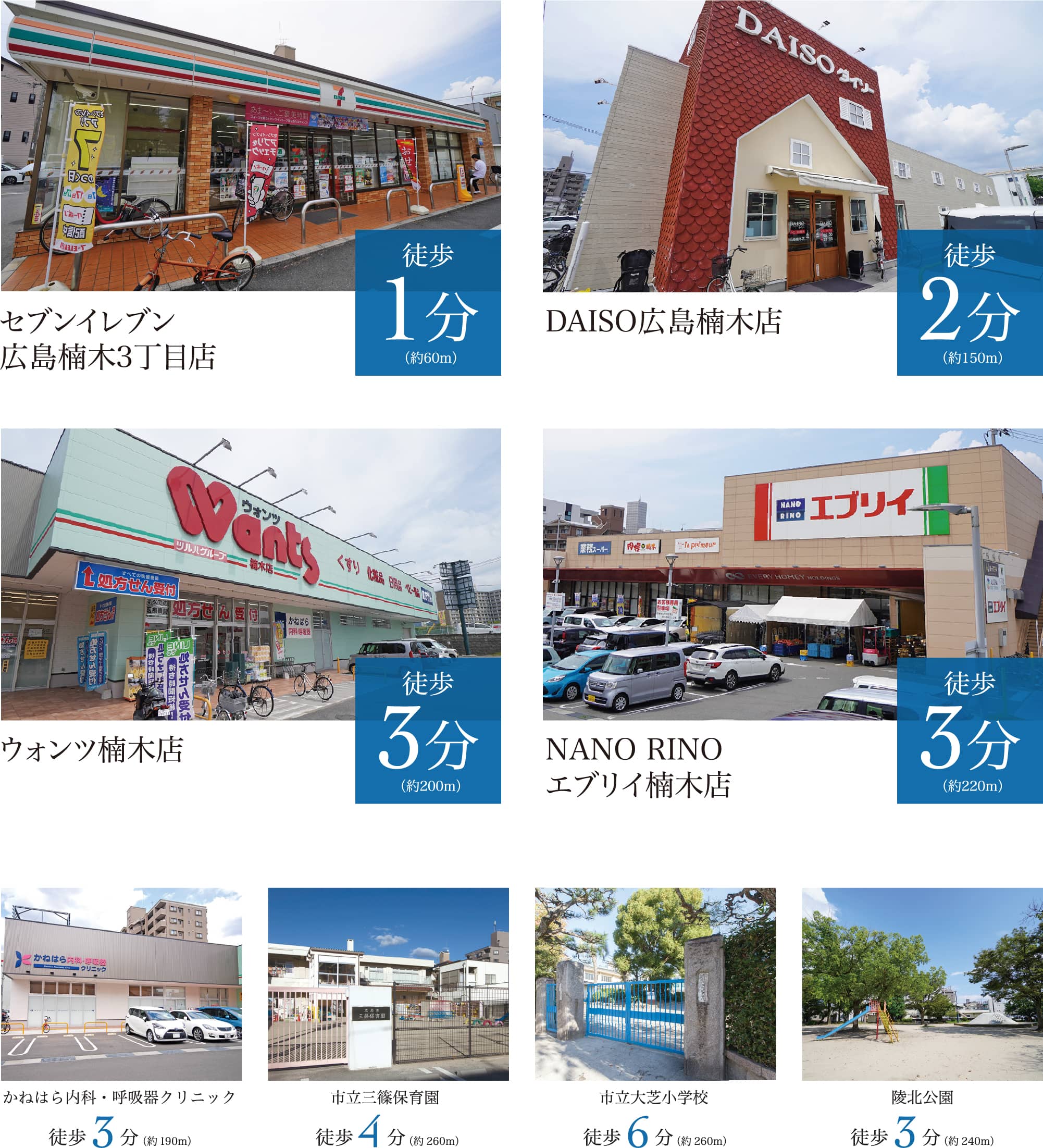 セブンイレブン広島楠木3丁目店 徒歩1分 DAISO広島楠木店 徒歩2分 ウォンツ楠木店 徒歩3分 NANO RINOエブリイ楠木店 徒歩3分 かねはら内科・呼吸器クリニック 徒歩3分 市立三篠保育園 徒歩4分 市立大芝小学校 徒歩6分 陵北公園 徒歩3分