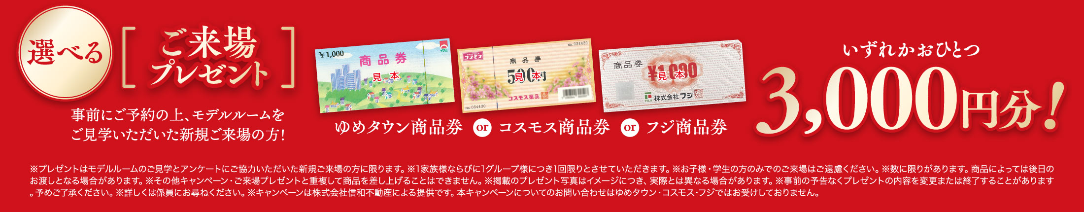 選べるご来場プレゼント！商品券いずれかおひとつ3,000円分を進呈！