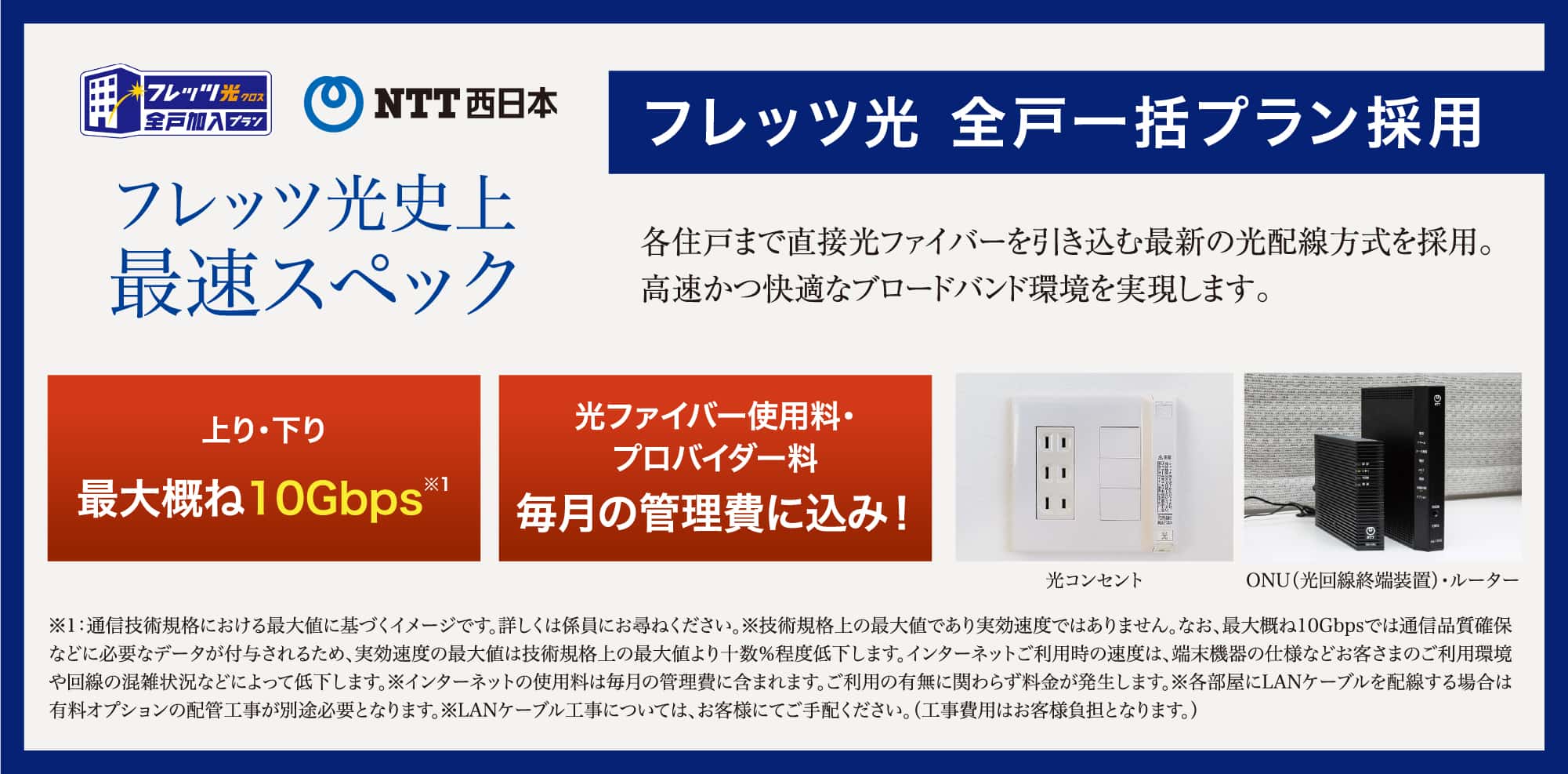 ntt西日本 フレッツ光史上最速スペック フレッツ光 全戸一括プラン採用 各住戸まで直接光ファイバーを引き込む最新の光配線方式を採用。高速かつ快適なブロードバンド環境を実現します。