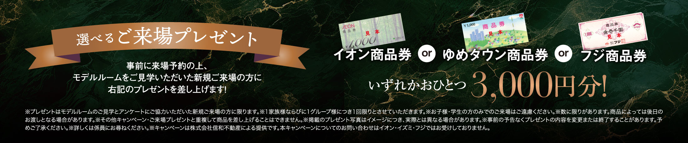 選べるご来場プレゼント！商品券いずれかおひとつ3,000円分を進呈！