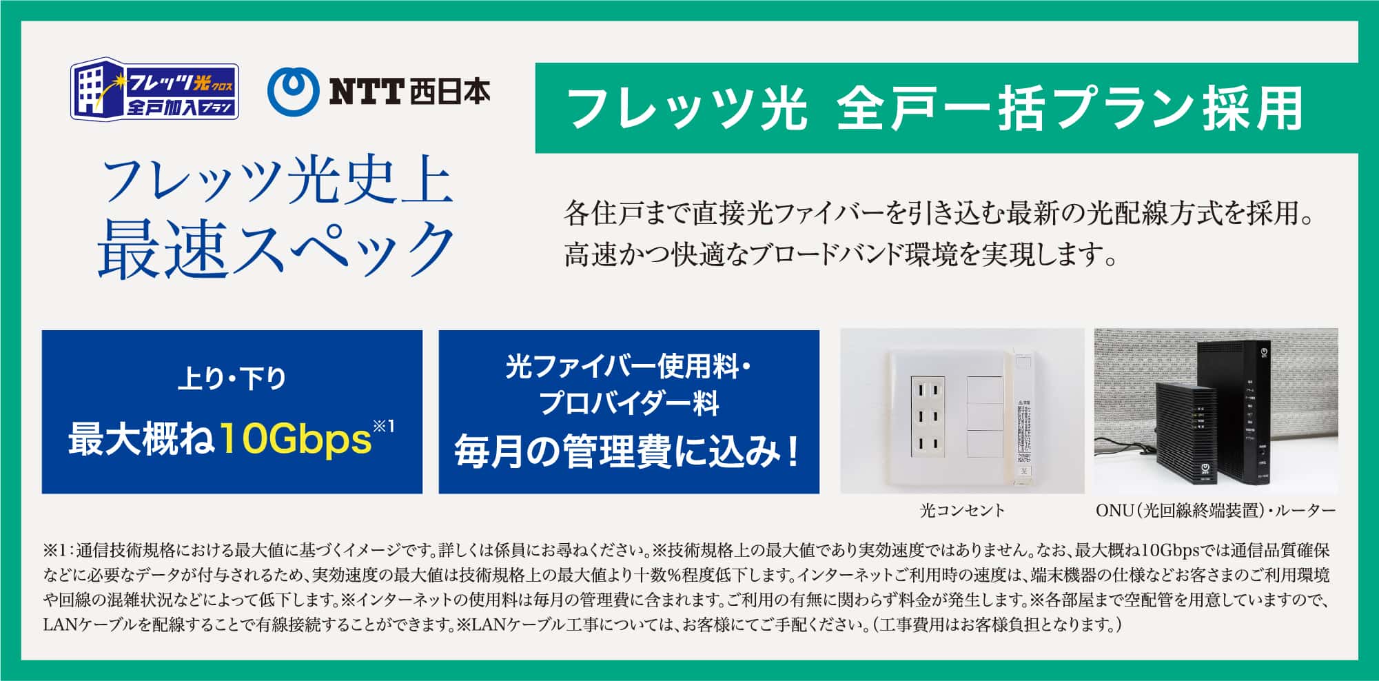 ntt西日本 フレッツ光史上最速スペック フレッツ光 全戸一括プラン採用 各住戸まで直接光ファイバーを引き込む最新の光配線方式を採用。高速かつ快適なブロードバンド環境を実現します。